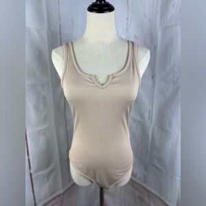 Women’s Sleeveless Bodysuit Beige V Neck Size M